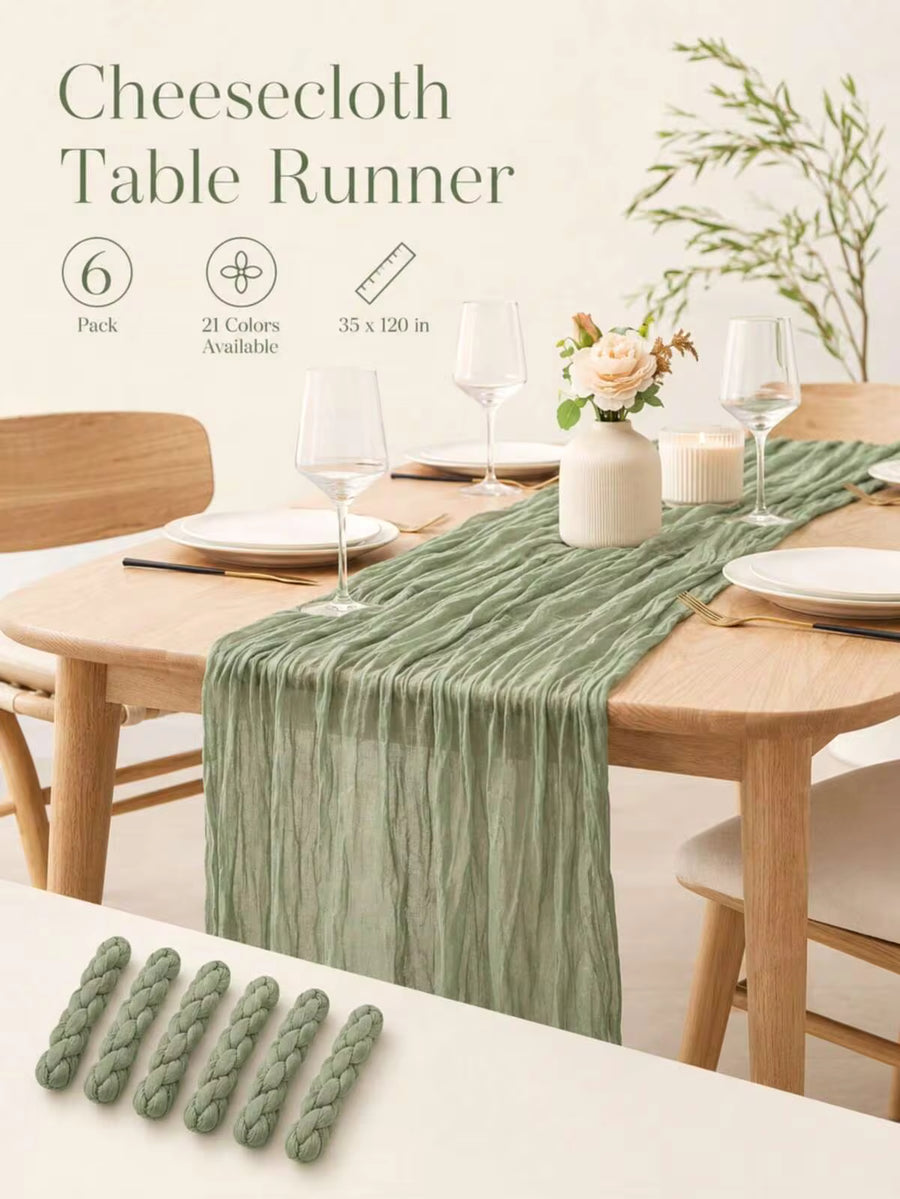 1/3/6/10Pack Sage Green Cheesecloth Table Runner Bulk Set 35x120 In/10FT, Boho Rustic Sheer Crinkle Gauze Table Runners For Wedding Party Bridal Baby Shower Birthday, Garden Picnic Brunch Banquet Farmhouse Home Dining Centerpiece Decor
